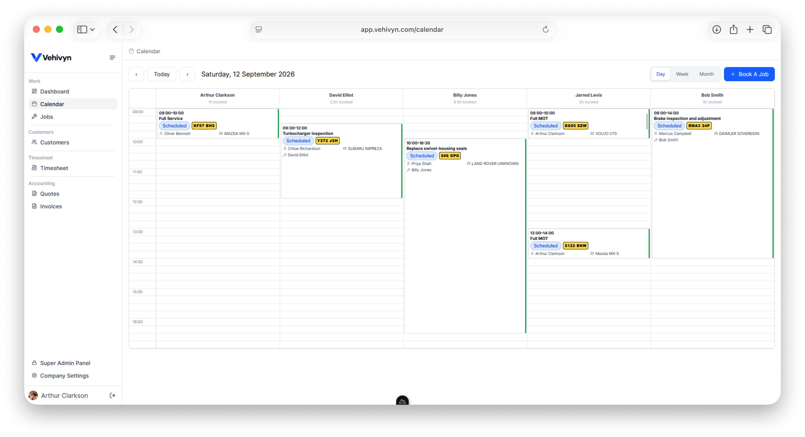 Vehivyn visual workshop calendar with jobs arranged across technicians and time